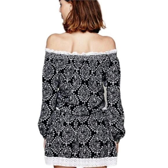 Free People Floral Off Shoulder Mini Dress Small Black Crochet Mini Cottage Boho - Picture 8 of 13